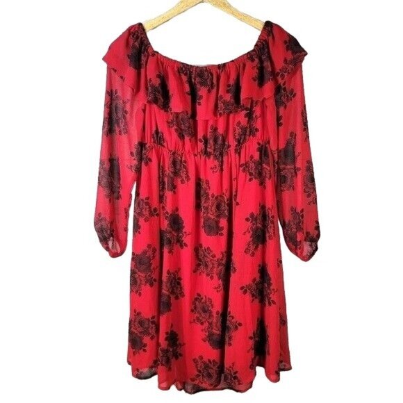 Torrid Floral Dress Red Black SZ 0 Large Off Shoulder Party Skater Cocktail NEW - Picture 3 of 7